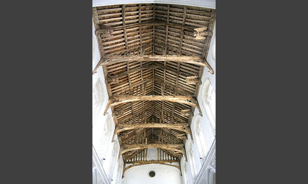 One of the great East Anglian angel roofs, where we attended to decaying angels and loosely fixed wings and all the other carvings.
